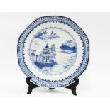 Chinese blue and white octagonal plate with Pagoda pattern, 23cm.