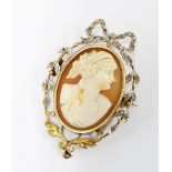 Cameo shell brooch, within a yellow frame set with rose-cut diamonds, the pin appears to have French