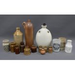 Collection of stoneware gin flasks / bottles, Keiller & Sons marmalade pots, French Moutarde pot and