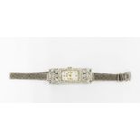 18ct white gold and platinum cased Aureole cocktail watch on a mesh bracelet strap, the buckle