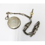 Silver case open faced pocket watch, London 1924, on a silver watch chain with T-bar
