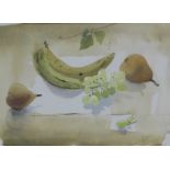 Brigitte Brondum-Neilsen RI, Still life with fruit, watercolour, signed and framed with labels