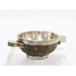 Silver mounted wooden quaich of traditional form with woven knot design, the bowl with a circular