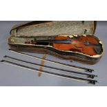 Violin with three bows, in fitted case