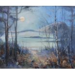 Fiona Oliver (Scottish Contemporary) ' Moonlight on Traprain' oil on canvas, signed, framed under