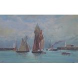 CMB, boats leaving the harbour, oil on canvas, signed with initials, framed under glass with J