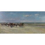 Paul Brown (Contemporary) Racehorses on the Sand, oil on canvas, signed and framed, 100 x 50cm