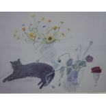 Dame Elizabeth Blackadder OBE RA RSA RSW RGI DLitt (British, 1931-2021) black cat and flowers, large