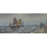 R.T Wilding (British) Fishing Boats, watercolour, signed and framed under glass, 55 x 25cm