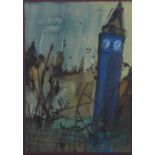 Mixed media on paper of a clock tower, apparently unsigned, framed under glass, 29 x 41cm