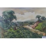 Burmese School watercolour of leaf pickers, signed Maung ?, framed under glass, 47 x 22cm