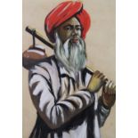 Indian School gouache of a man in red turban, apparently unsigned, framed under glass with Bombay