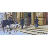 Street scene with horse, cart and figures, oil on board, signed indistinctly, framed 39 x 19cm