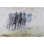 Contemporary School, Horse Racing mixed media, signed indistinctly and framed under glass, 60 x 40cm