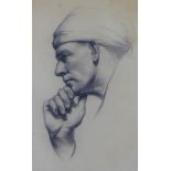 Charcoal sketch of a man in Middle Eastern attire, circa early 20th century, framed under glass,