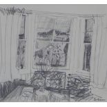 Pencil sketch, view through a window, signed Brown, framed under glass, 13 x 12cm