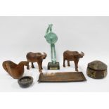 Mixed lot with carved wooden water buffalo, Scandinavian treen cup, Civilta Nuragica metal figure,