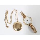 Lady's vintage 9ct gold cased wristwatch on 9ct bracelet strap and a yellow metal locket on a 9ct