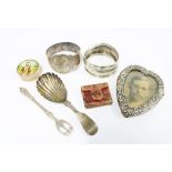 Victorian silver caddy spoon, Newcastle 1850, two silver napkin rings, pickle fork, small photograph