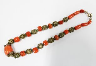 Vintage coral and white metal beads
