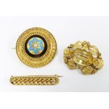 Victorian pearl and turquoise brooch with a star motif and etruscan style borders, with glazed panel