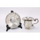 Continental silver cup and saucer of fluted design with bright cut engraved pattern (2)