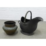 Copper planter with an embossed Islamic pattern, and a helmet shaped coal bucket (2)