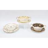 Three bone china soup bowls and saucers to include Royal Crown Derby - Royal Antoinette pattern