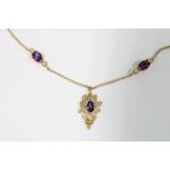 9ct gold amethyst and seed pearl pendant necklace, full set of hallmarks