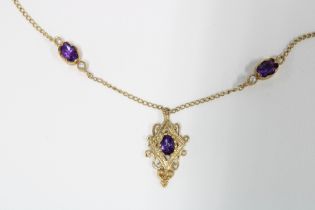 9ct gold amethyst and seed pearl pendant necklace, full set of hallmarks