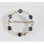 Early 20th century sapphire and pearl brooch set in 14ct white gold