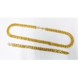 15ct gold necklace and bracelet set, each with textured and flattened curb links with heart punch