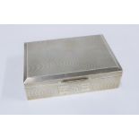 20th century silver table cigarette box, cedar lined, engine turned decoration and with engraved