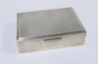 20th century silver table cigarette box, cedar lined, engine turned decoration and with engraved