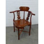 Cherrywood chinoiserie corner chair. 85 x 68 x 51cm.