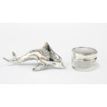 George VI silver topped glass jar, Birmingham 1942 and a silver plated dolphin 12cm long (2)