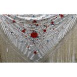 Piano Shawl, embroidered humming birds and flowers pattern with fringed border approx. 120cm