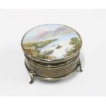 George V silver and enamel trinket box, the hinged lid with a lake scene, Birmingham 1926, 6cm