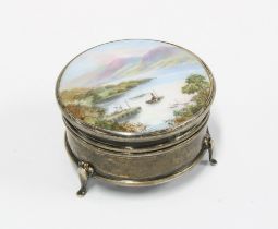George V silver and enamel trinket box, the hinged lid with a lake scene, Birmingham 1926, 6cm