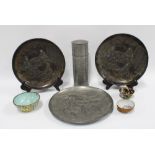 Japanese cylindrical pewter flask, pair of pewter plates and one other, three small bowls to include