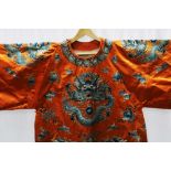 Orange ground, silk embroidered Court Robe / Court Dress finely embroidered with dragon and clouds
