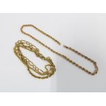 9ct gold bracelet and an unmarked yellow metal length of rope chain, unmarked and missing the