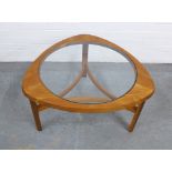 Teak and glass triangular top coffee table with stretchers, likely by Nathan but unmarked, 45 x