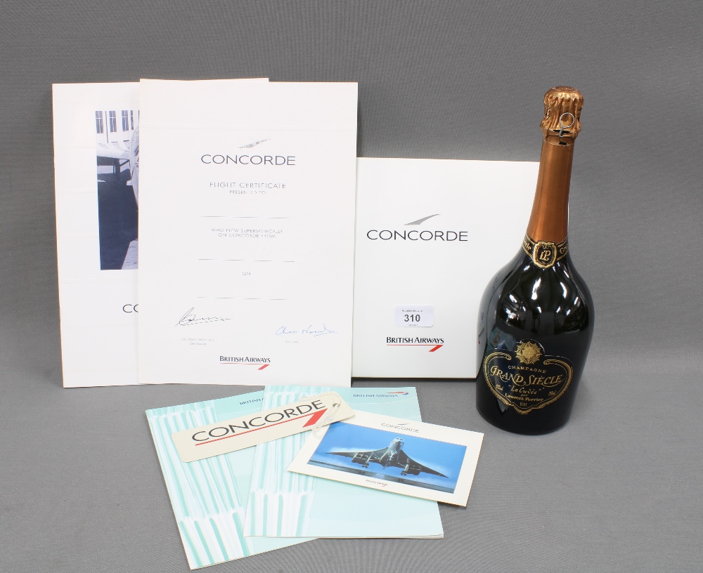 Concorde Memorabilia: 75cl bottle of Laurent Perrier Champagne from Concorde, together with a menu