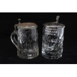Masonic pewter lidded glass tankard and a Munros Peerage Scotch tankard with Epns cover, 16cm (2)