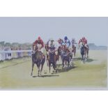 Horse Racing coloured print, pencil signed Keen , framed under glass, 47 x 32cm