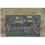 Indian / Persian School watercolour with gold leaf of a Procession, framed under glass, 34 x 23cm