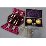 Cased pair of silver plated and gilt salts, a mother of pearl handled manicure / sewing set (a/f)