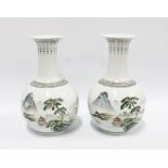 A pair of Chinese Republic Jingdezhen vases, 20th century, handpainted with pagoda and landscape