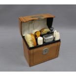 Victorian Gents leather cased grooming set with fruitwood backed brushes and bone handled